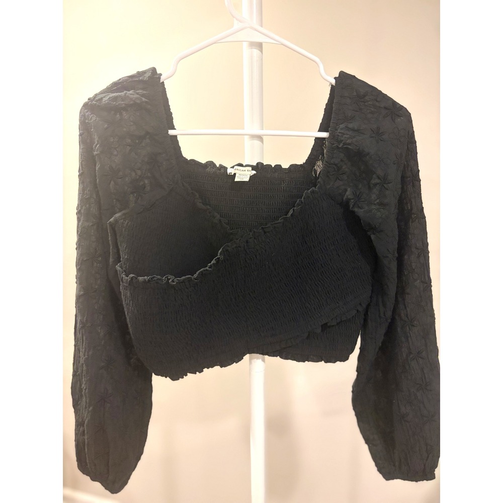 Whimsygoth Cottagecore Black Smocked Eyelet Embroidered Crop Top Puff Sleeve